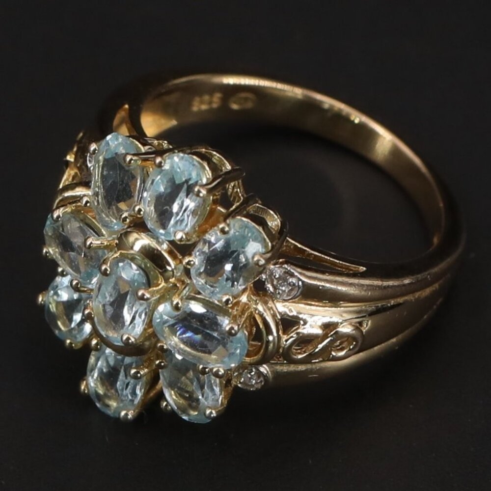 Gold over 925 Aquamarine Cluster Flower Ring - Light Blue Gemstone